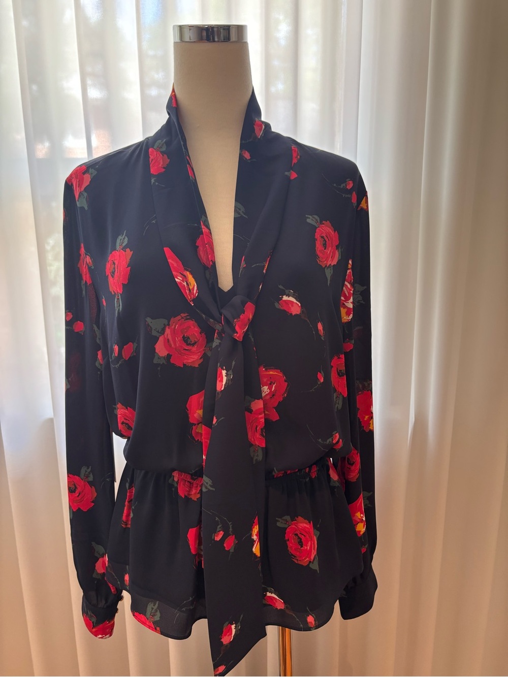 Aritzia Babaton Navy Floral Blouse with Neck Tie